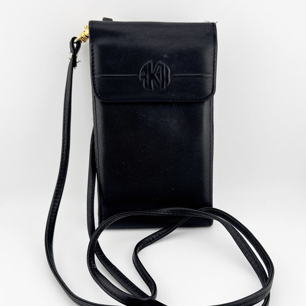 Vintage Anne Klein Leather Crossbody Wallet Purse Women's Black Adjustable Strap